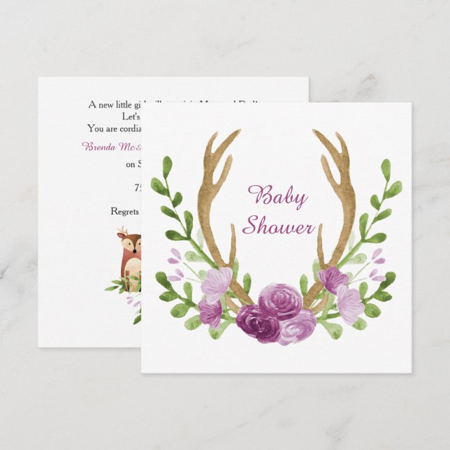Invitation Aquarelle Boho Chic Purple Fleurs Baby shower (Devant / Derrière)