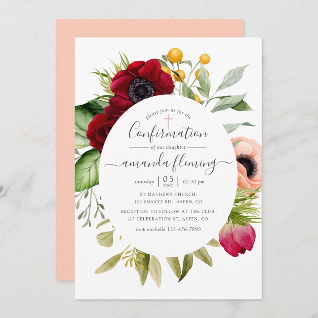 Invitation Aquarelle Boho confirmation florale (Devant / Derrière)