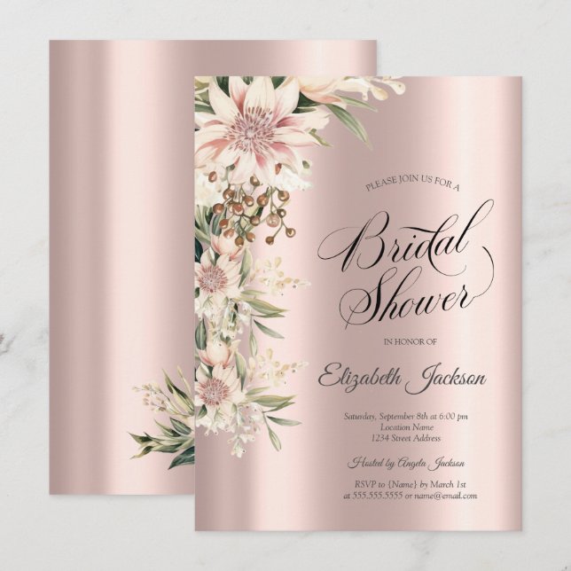 Invitation Aquarelle Boho Fleurs Rose Fête des mariées or (Devant / Derrière)