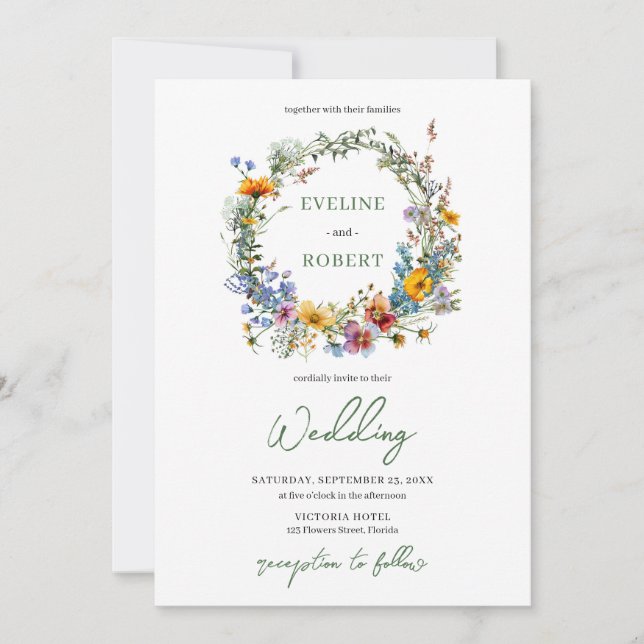 Invitation Aquarelle Boho fleurs sauvages couronnes florales (Devant)