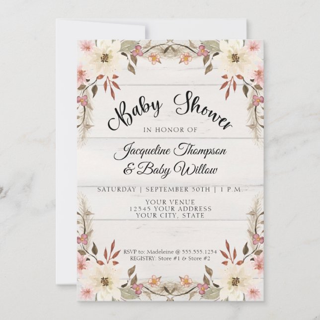 Invitation Aquarelle BOHO Floral Cottage bébé fille douche (Devant)