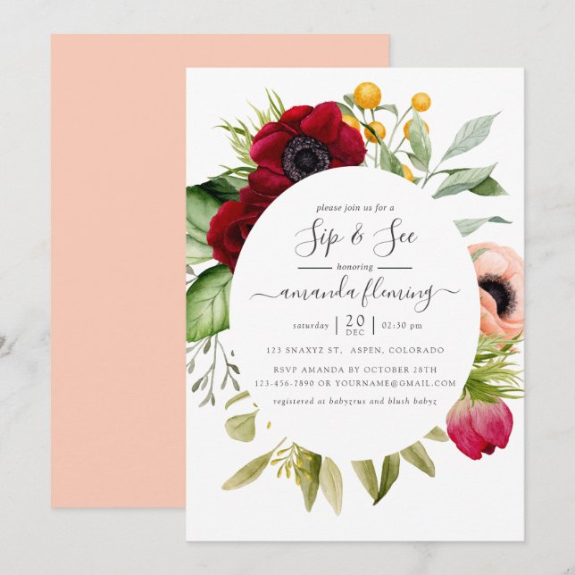 Invitation Aquarelle Boho Floral Sip et voir (Devant / Derrière)
