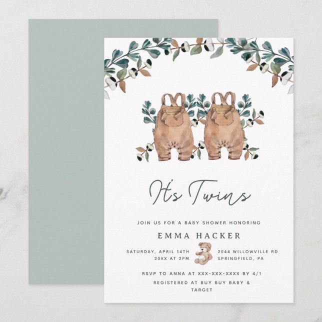 Invitation Aquarelle Boho Genre Neutre Twins Douche (Devant / Derrière)