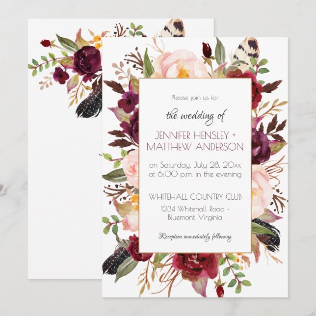 Invitation Aquarelle Boho Marsala Rouge Bourgogne Rose Frame  (Devant / Derrière)