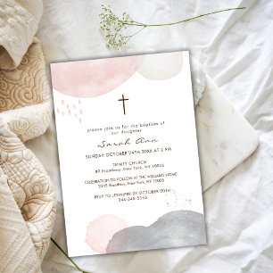 Invitation Aquarelle Boho moderne Croix Abstraite Baptême