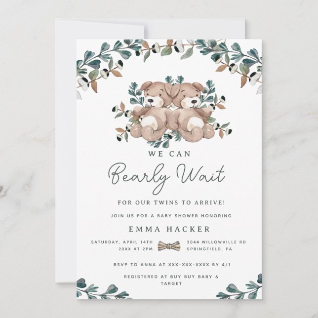 Invitation Aquarelle Boho Ours Genre Neutre Jumeaux Douche (Devant)