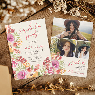 Invitation Aquarelle Boho Retro Floral 3 photos Graduation