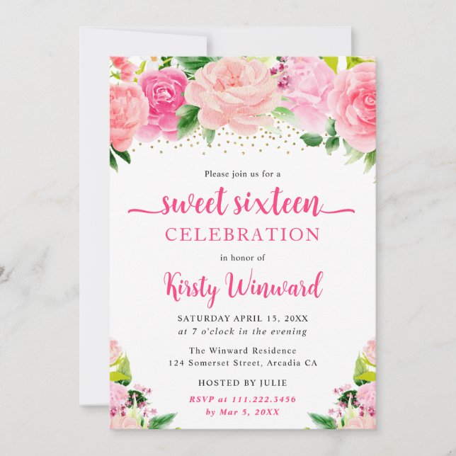 Invitation Aquarelle Boho rose Fleurs d'été Sweet sixteen (Devant)