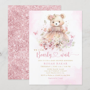 Invitation Aquarelle Boho rose Teddy Bear Baby shower fille