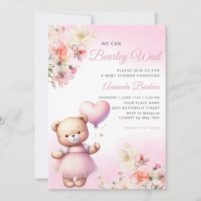 Invitation Aquarelle Boho rose Teddy Bear Baby shower fille (Devant)