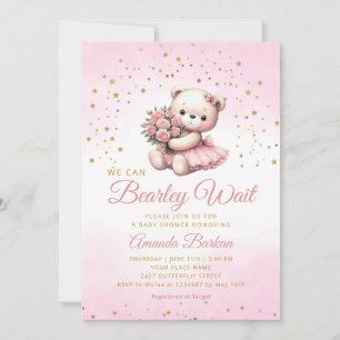 Invitation Aquarelle Boho rose Teddy Bear Baby shower fille