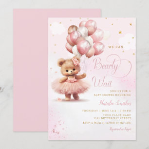 Invitation Aquarelle Boho rose Teddy Bear Baby shower fille