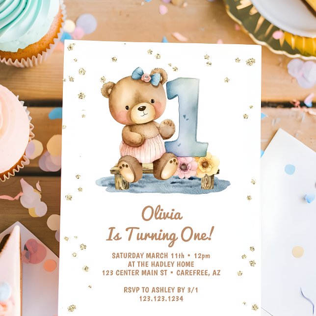 Invitation Aquarelle Boho Teddy Bear 1er anniversaire (Créateur téléchargé)
