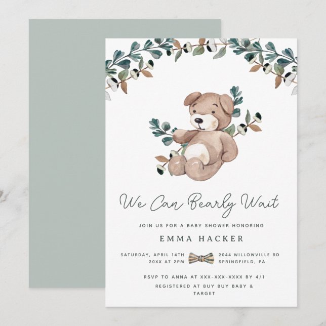 Invitation Aquarelle Boho Teddy Bear Baby shower de verdure (Devant / Derrière)