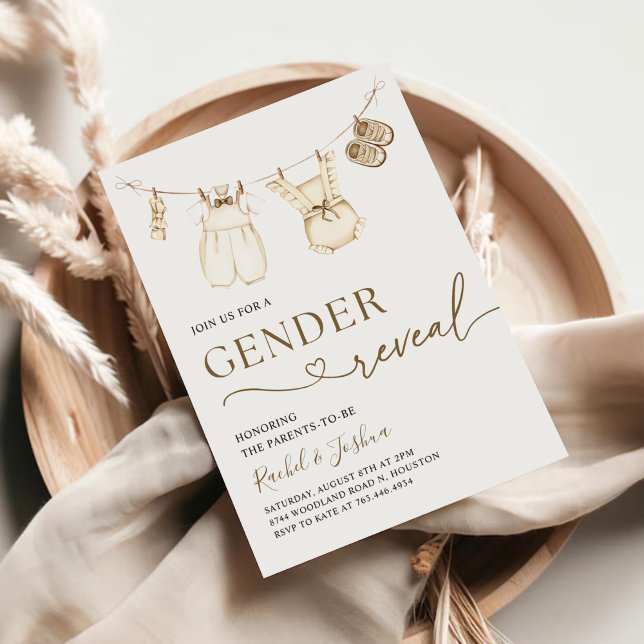 Invitation Aquarelle Boho Vêtements bébé Révélation de genre (Créateur téléchargé)