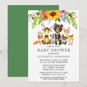 Invitation Aquarelle Bois Animaux Baby shower de tournesol