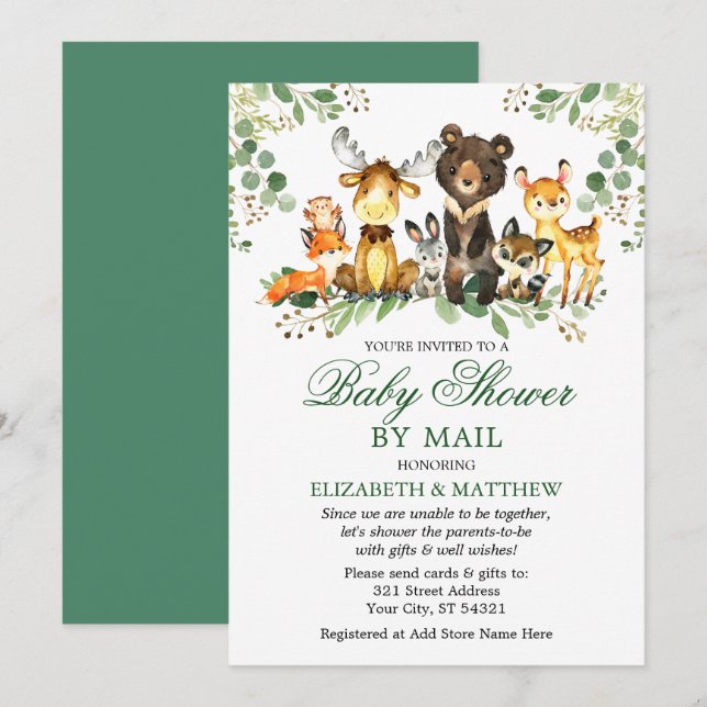 Invitation Aquarelle Bois Animaux Baby shower Par La Poste (Devant / Derrière)