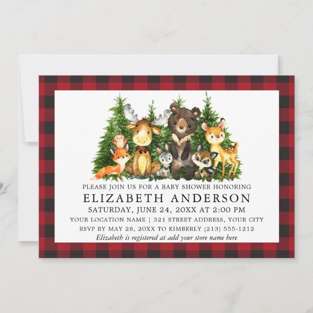 Invitation Aquarelle Bois Animaux Baby shower Rouge Plaid (Devant)