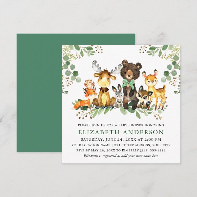 Invitation Aquarelle Bois Animaux Bow Baby shower Carré (Devant / Derrière)