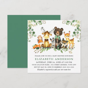 Invitation Aquarelle Bois Animaux Bow Baby shower Carré