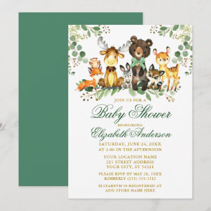 Invitation Aquarelle Bois Animaux Bow Baby shower Or