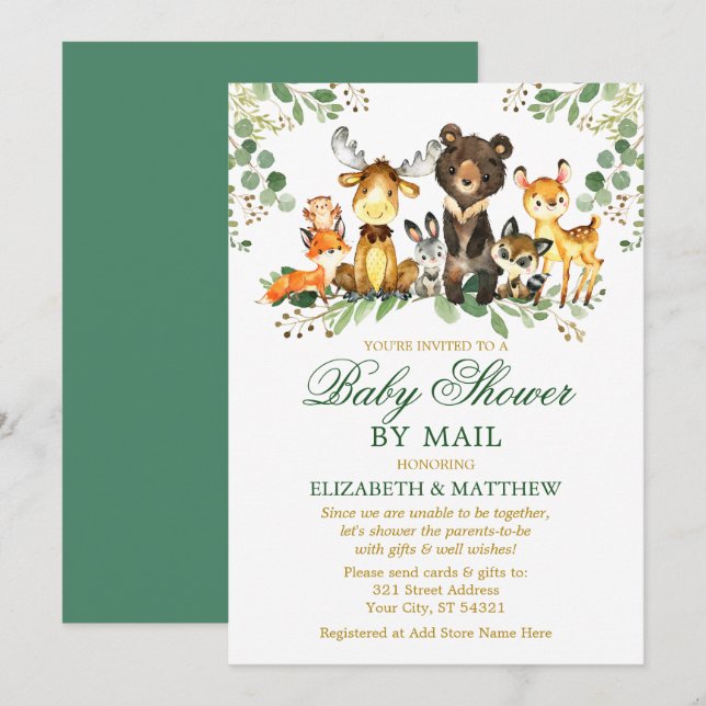 Invitation Aquarelle Bois Animaux Douche Or Par Courrier (Devant / Derrière)