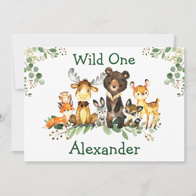 Invitation Aquarelle Bois Animaux Sauvages Un 1er anniversair (Devant)