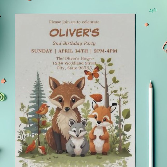 Invitation Aquarelle Bois Animaux Végétation 2e anniversaire (Créateur téléchargé)