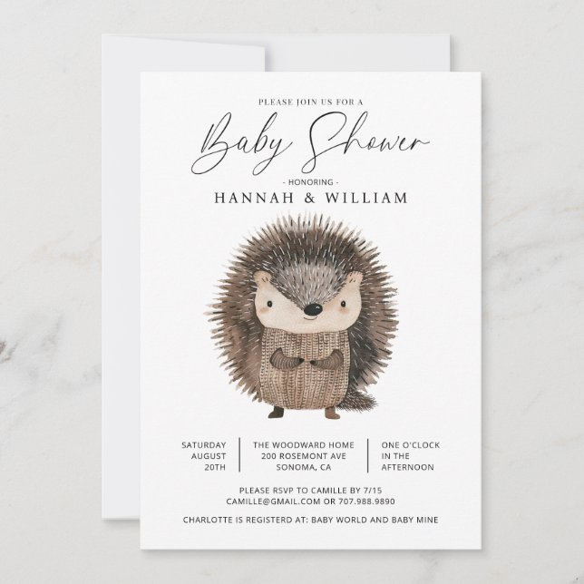 Invitation Aquarelle Bois Baby shower de hérisson animal (Devant)