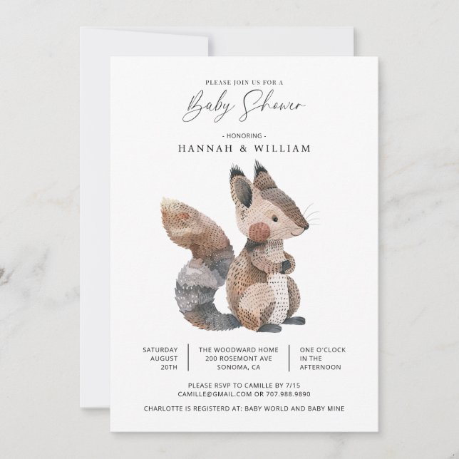 Invitation Aquarelle Bois Baby shower d'écureuil animal (Devant)
