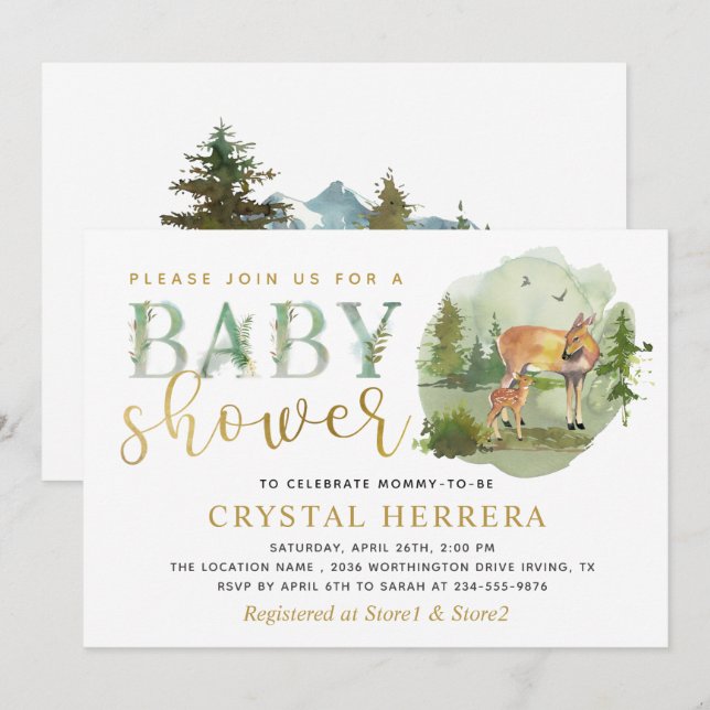 Invitation Aquarelle Bois Cerf Baby shower de verdure (Devant / Derrière)