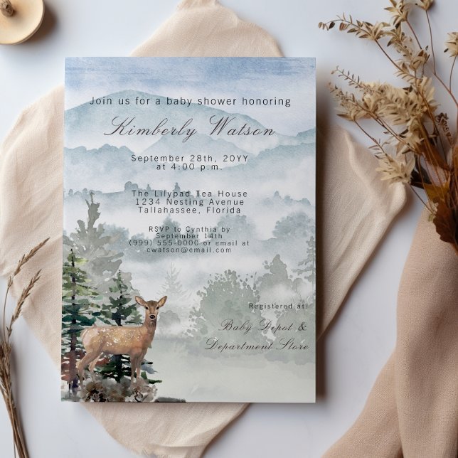 Invitation Aquarelle Bois Forêt Baby shower Doe (Watercolor Woodland Forest Doe Baby Shower Invitation)