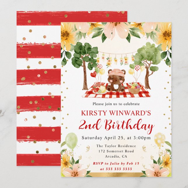 Invitation Aquarelle Bois Ours Pique-nique Anniversaire de en (Devant / Derrière)