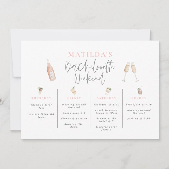 Invitation Aquarelle boissons bachelorette week-end itinérair (Devant)