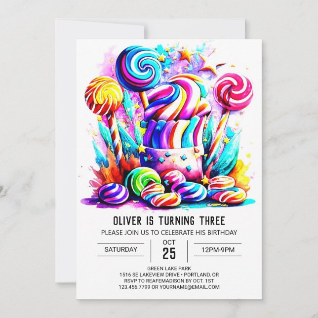 Invitation Aquarelle Bonbons Chocolat doux Anniversaire (Devant)