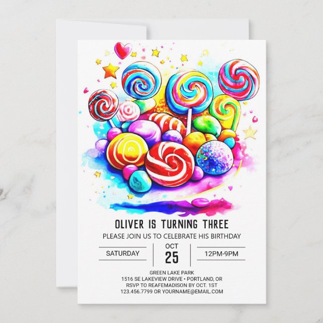 Invitation Aquarelle Bonbons Chocolat doux Anniversaire (Devant)