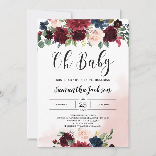Invitation Aquarelle bordeaux bleu marine rose floral bébé (Devant)
