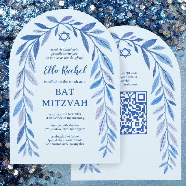 Invitation Aquarelle botanique Arc Bat mitzvah de barre de co (Botanical Watercolor QR Code Bar Bat Mitzvah Arch Invitation
)