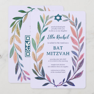 Invitation Aquarelle botanique Bar Mitzvah QR personnalisé