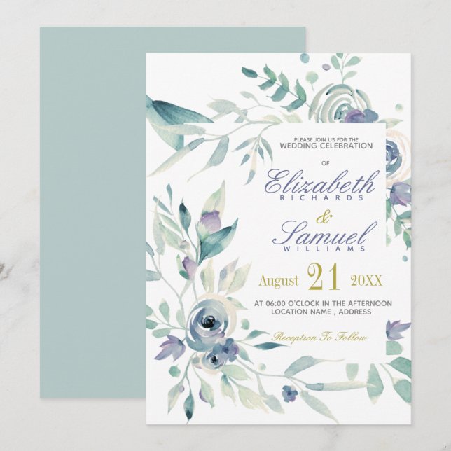 Invitation Aquarelle Botanique Bleu Dusty Mariage élégant (Devant / Derrière)