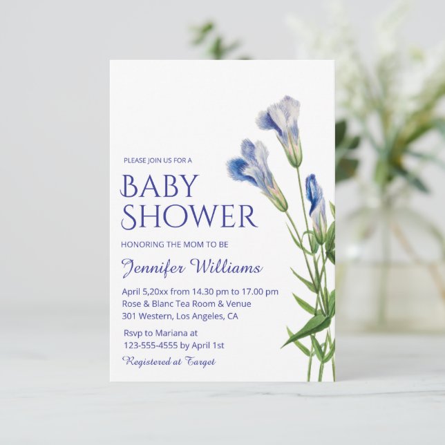Invitation aquarelle botanique bleu garçon baby shower arche (Debout devant)