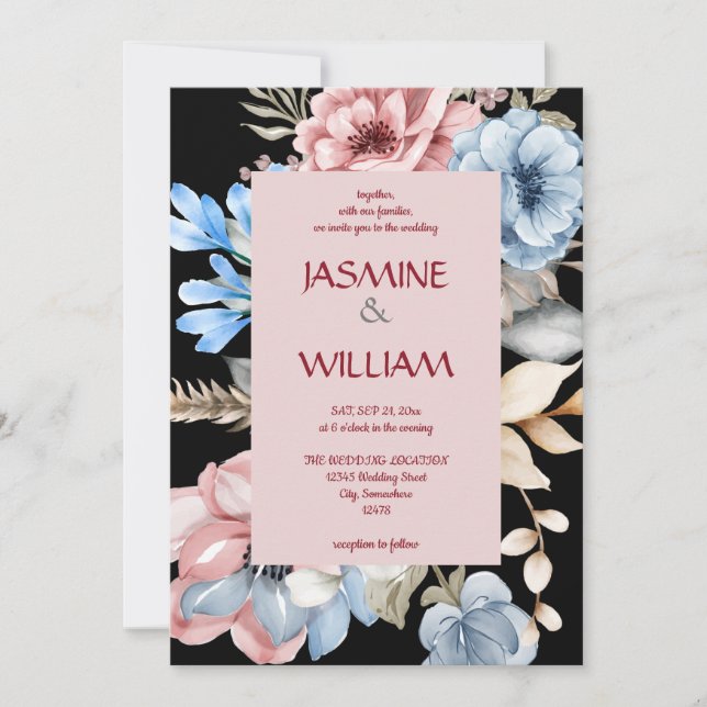 Invitation aquarelle botanique bleue et florale rosée (Devant)
