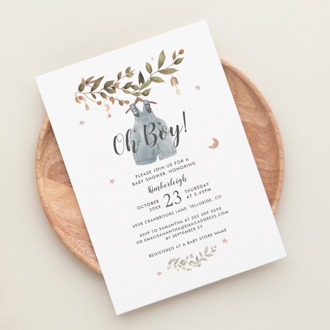 Invitation Aquarelle botanique Boho Boy Baby shower (Oh Boy Boho Baby Shower Invitation)