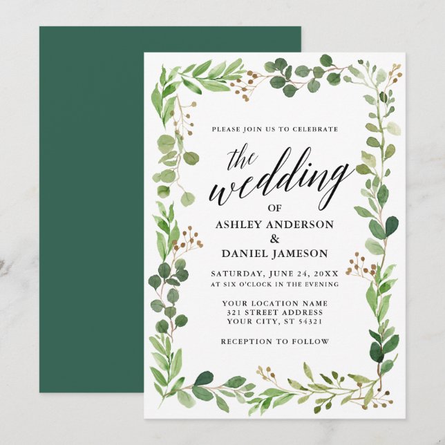 Invitation Aquarelle Botanique Cadre Eucalyptus Mariage (Devant / Derrière)