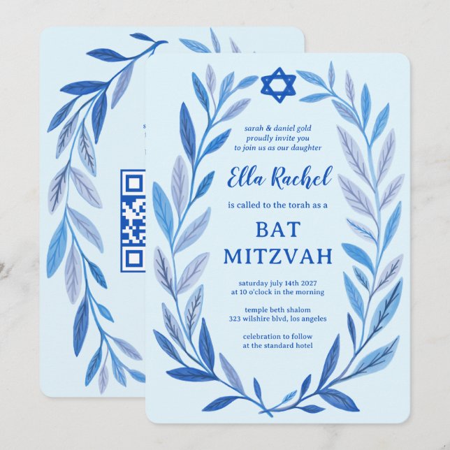 Invitation Aquarelle botanique CUSTOM QR Bar Bat mitzvah (Devant / Derrière)