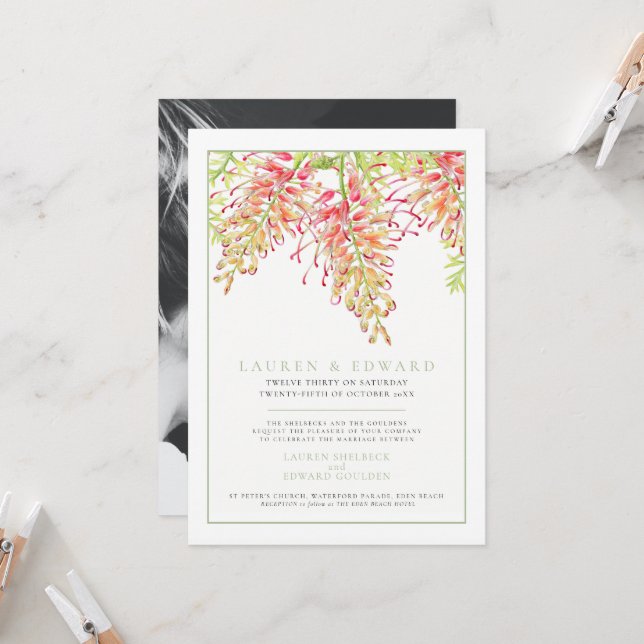 Invitation Aquarelle botanique de Grevillea mariage photo ver (Devant/Arrière en situation)
