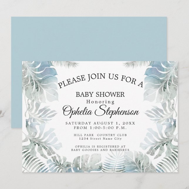 Invitation Aquarelle botanique Douche bleu pâle et poussiéreu (Devant / Derrière)