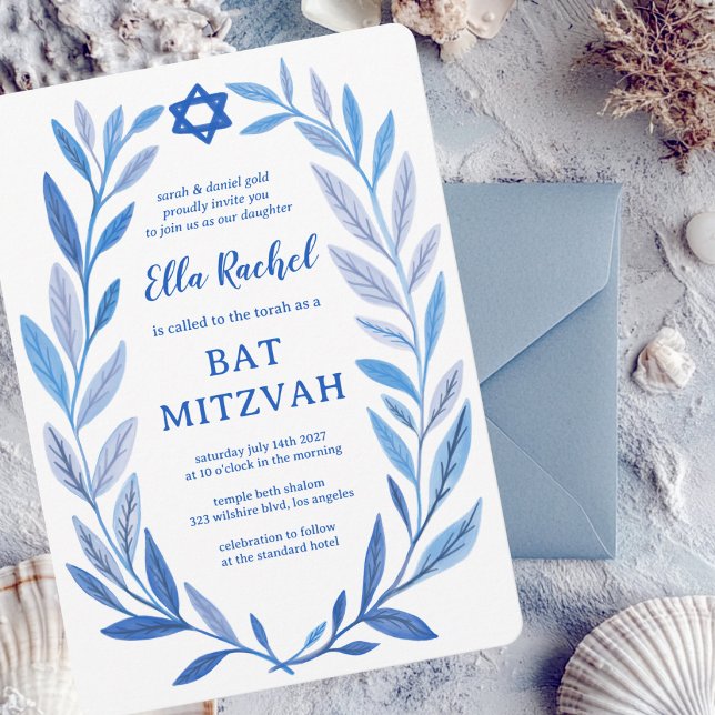 Invitation Aquarelle botanique étoile de David Bar Bat mitzva (Botanical Watercolor Star of David Bar Bat Mitzvah Invitation
)