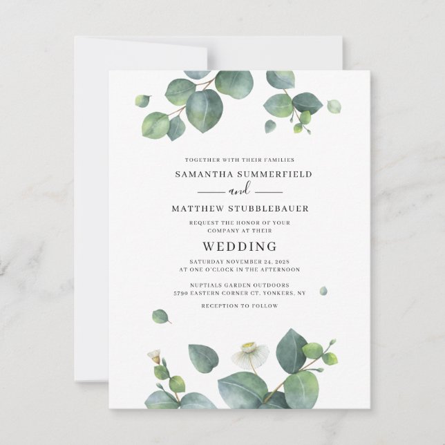 Invitation Aquarelle botanique Eucalyptus Mariage de verdure (Devant)