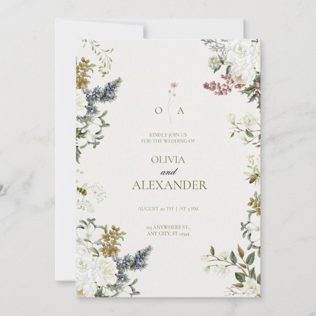 Invitation Aquarelle botanique Evergreen & Rose lunatique  (Devant)